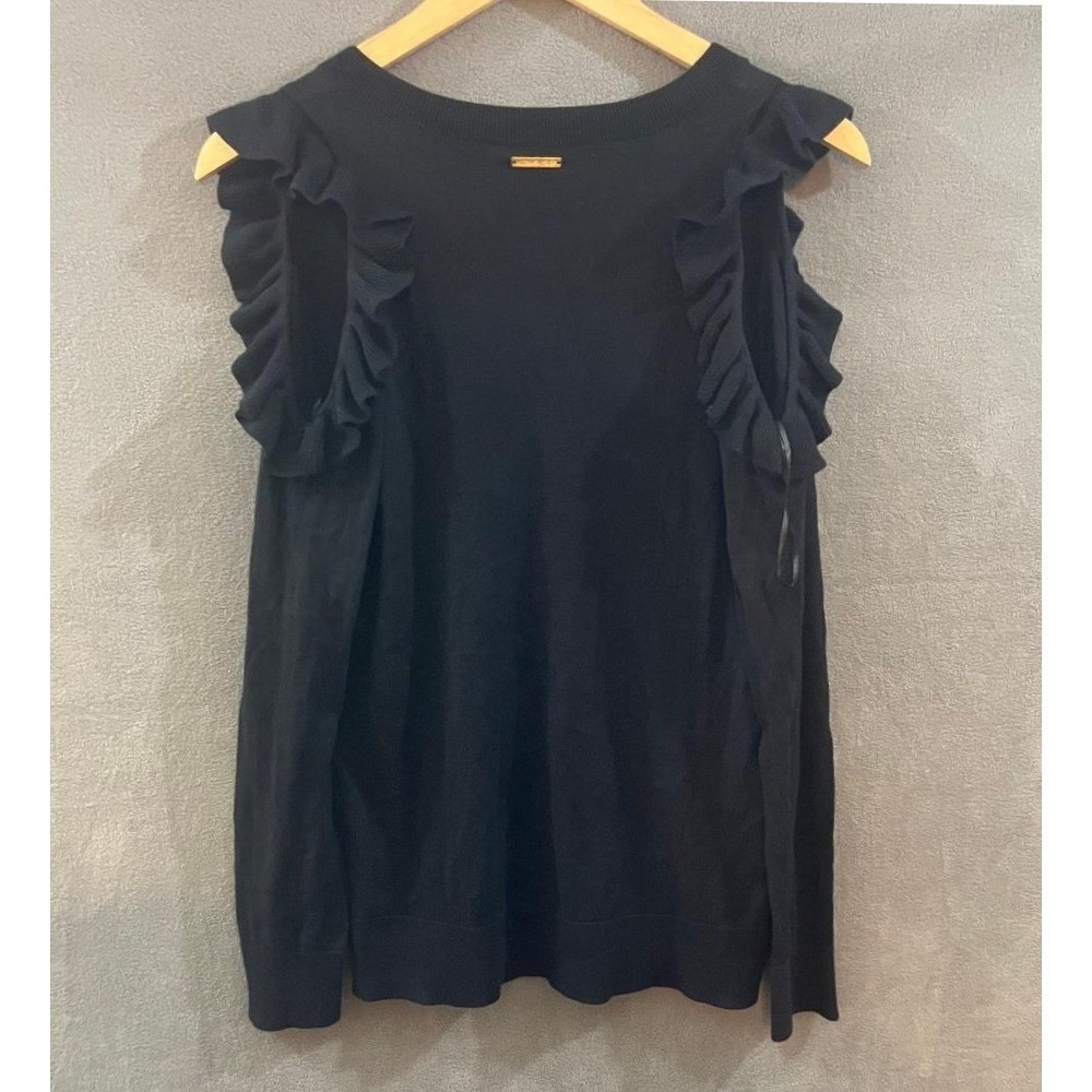 Michael Kors Cold Shoulder V-Neck Sweater Ruffle Long Sleeve Knit Top Black XS - Picture 4 of 8